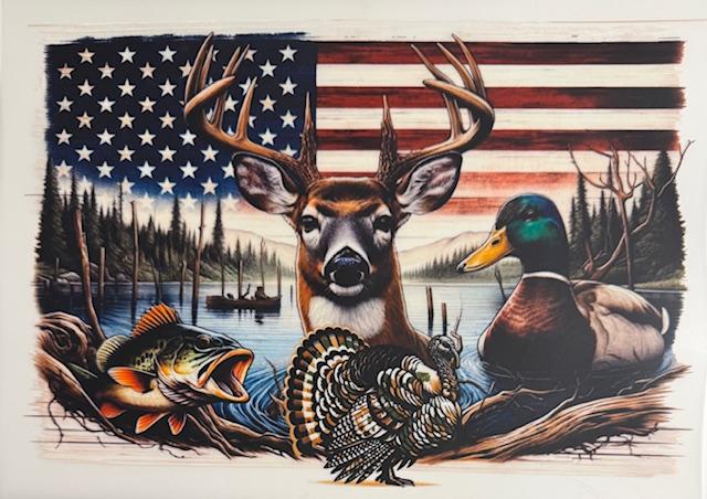 Deer hunting scene, Am flag