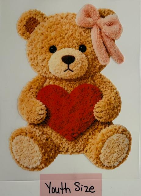 Bear w/ pink bow holding heart-yarn-youth