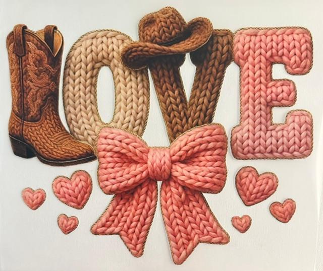 Love, yarn look. pink bow, L is a boot