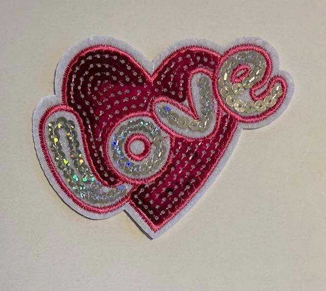 Dark Pink heart, silver Love hat patch