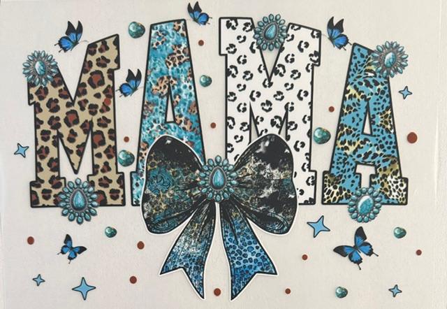 Mama - cheetah/blue, many butterflies, blue bow
