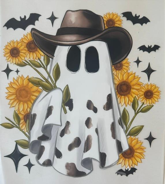 Ghost - wearing hat, sunflowers, bats