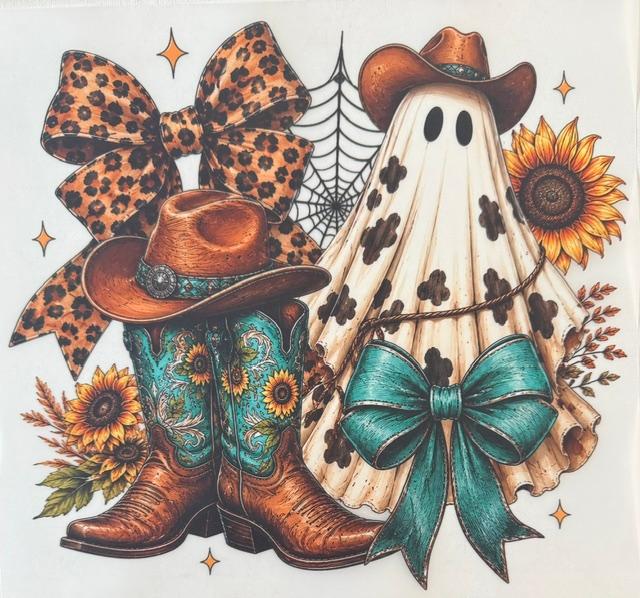 Cowboy Ghost. leopard bow, teal bow/boots