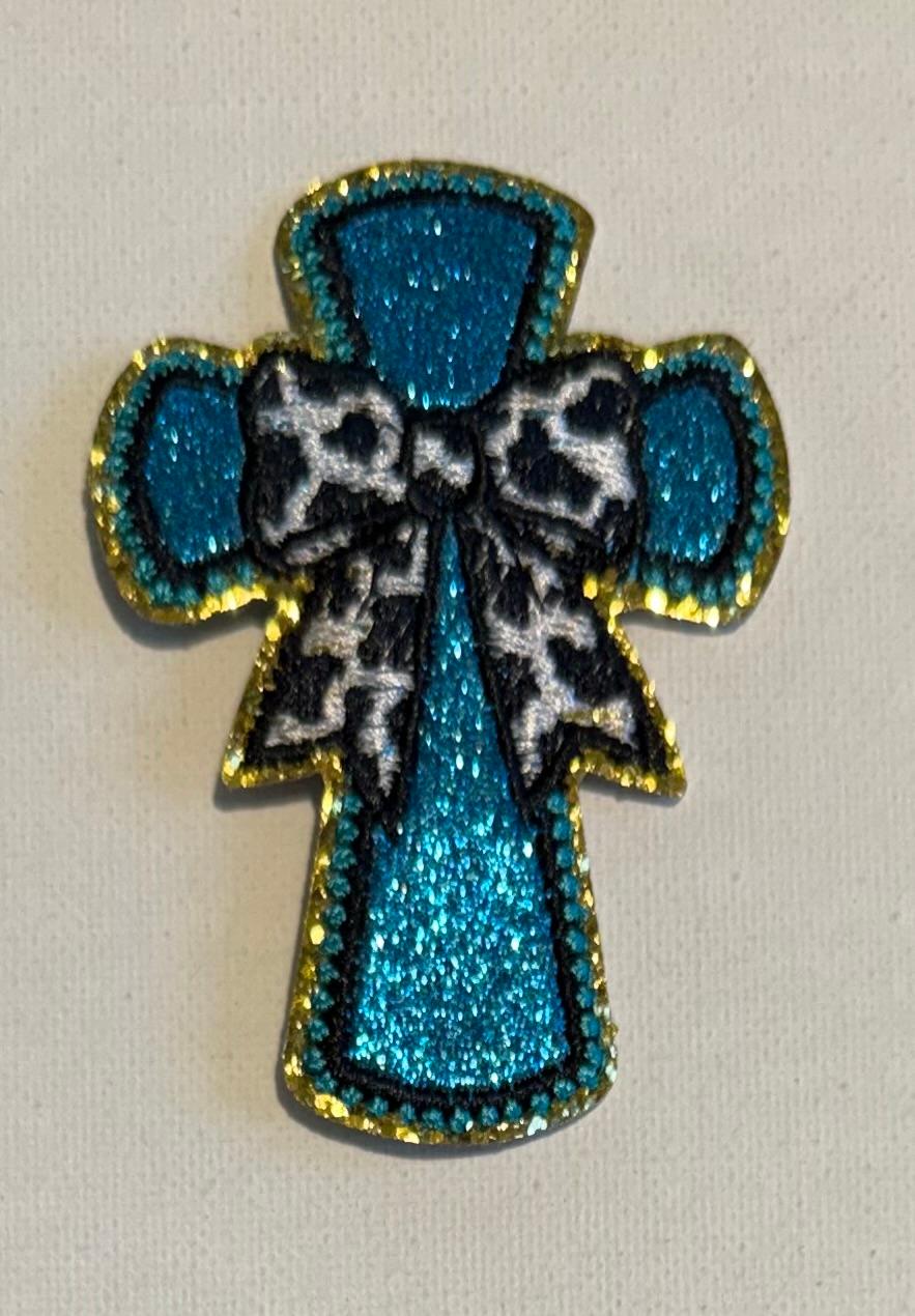 Cross-bling teal, cow print bow hat patch