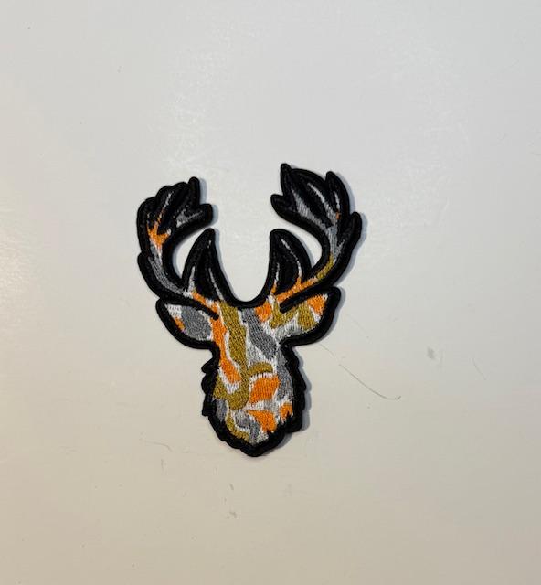 Camo deer, orange, gray, white hat patch