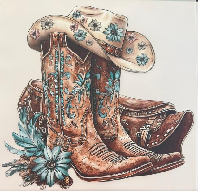 Brown boots & white hat w/ ble flowers