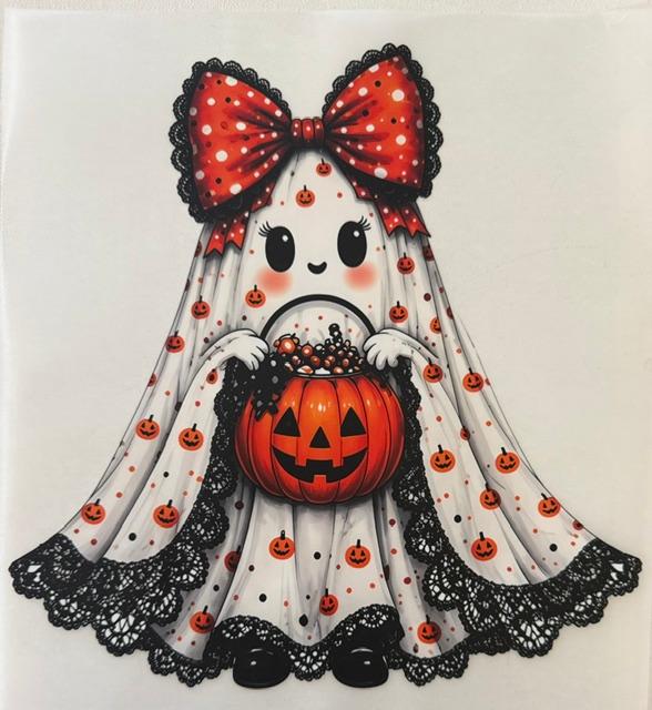 Ghost - orange bow, holding pumpkin