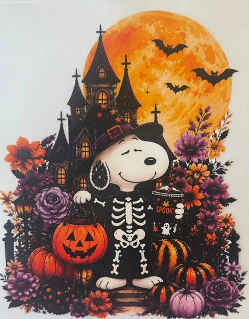 Snoopy Skeleton on front of haunted house