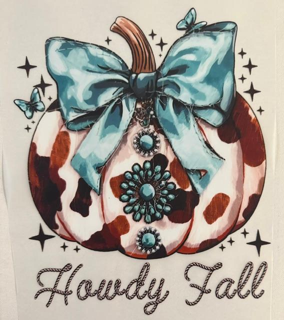 Howdy Fall - Cowhide Pumpkin, teal bow