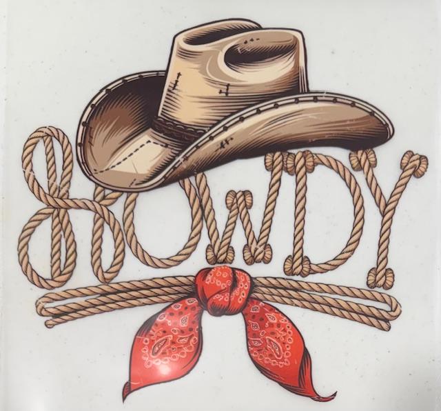 Howdy written with rope, hat & red tie