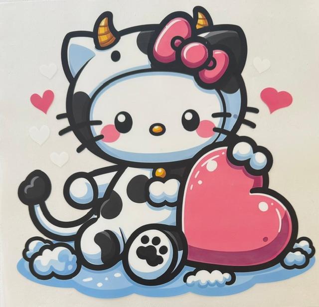 HK, in cow costume, pink heart