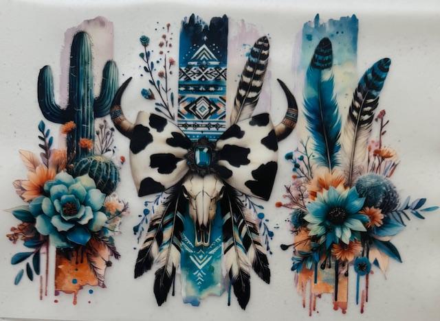 Western-cactus, skull w/ cow bow, feathers