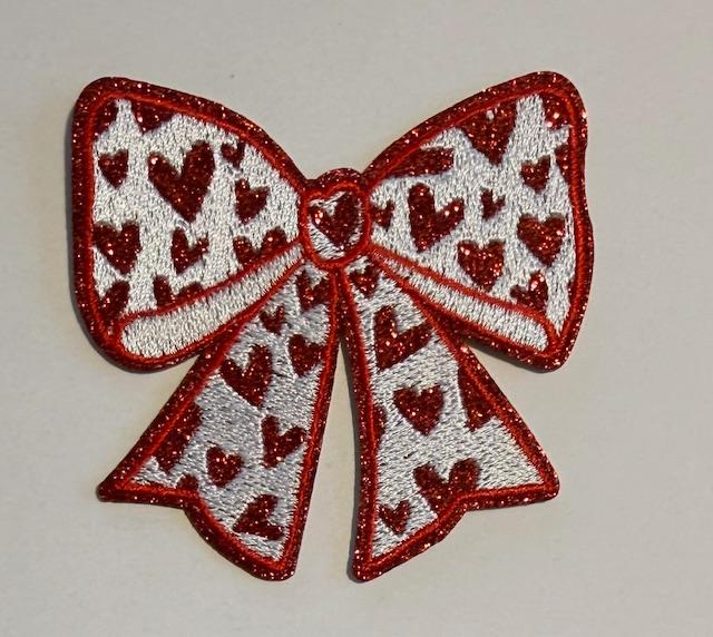 White Valentines bow w/ red hearts hat patch