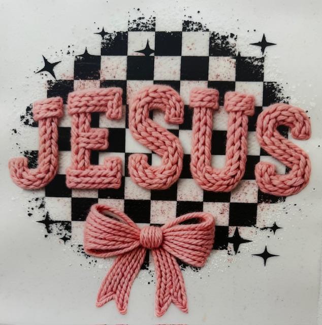 Jesus, pink bow, checkered