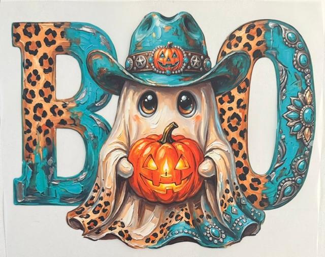 BOO - ghost wearing teal blue hat, cheetah