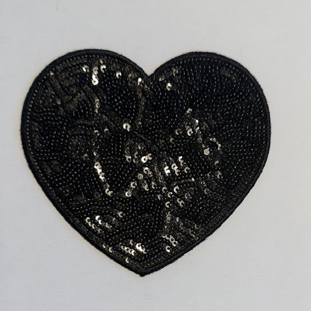 Black sequin heart hat patch