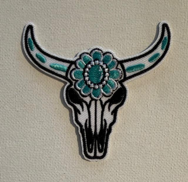 Skull w/ teal concho, teal on horns hat patch