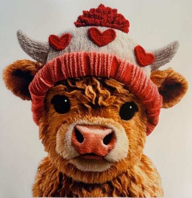 Valentines Cow w/ beanie w/ hearts-yarn