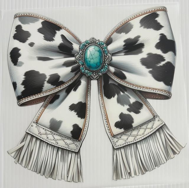 Big white cow print bow, turquoise gem