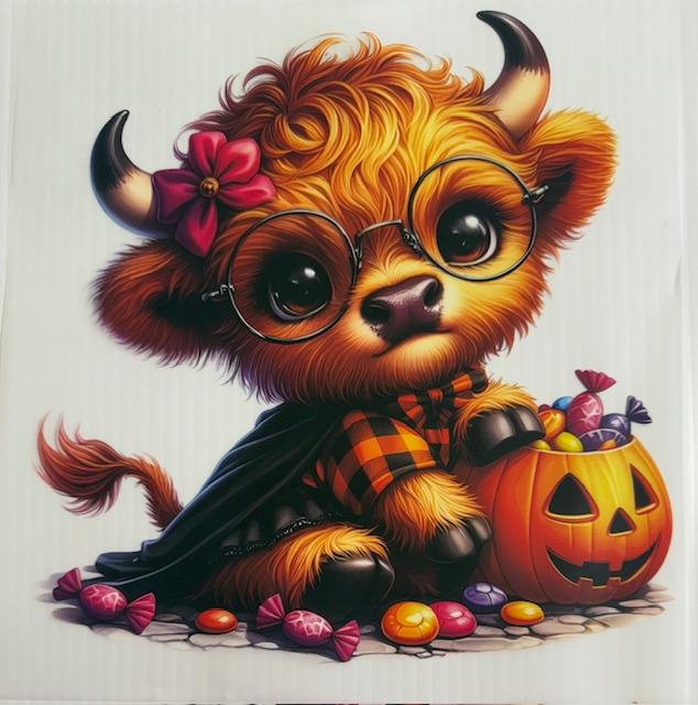 Halloween cow-pink flower, glasses, pumpkin w/ candy