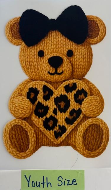 Bear w/ black bow holding cheetah heart-yarn