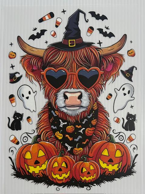 Halloween Cow, heart glasses, pumpkins