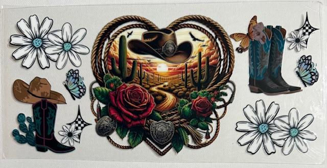 Western heart w/ hat boots, white flowers
