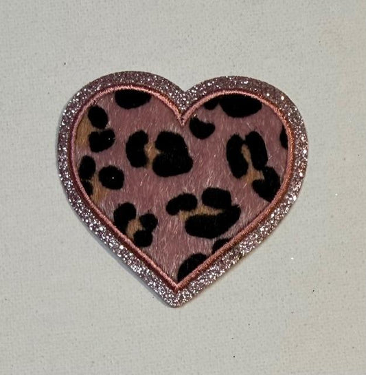 Pink cheetah heart, glitter outline hat patch