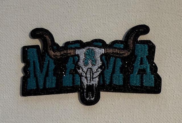 Mama, teal hat patch, skull in middle