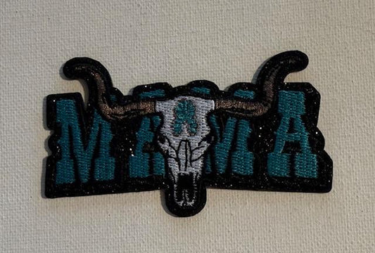 Mama, teal hat patch, skull in middle