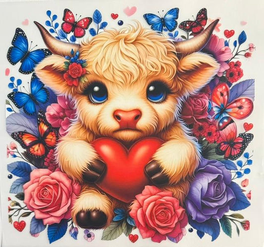 Cow holding heart, flowers/butterflies