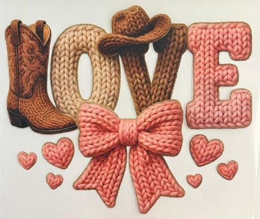 Love, yarn look. pink bow, L is a boot