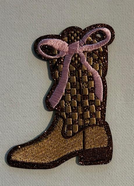 Tan/brown boot w/ pink bow hat patch