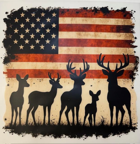 5 Deer scene, flag background