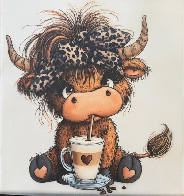 Cow - cheetah bow, drinking coffee