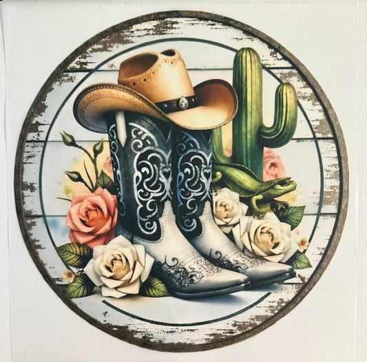 Western, black/white boots, cactus & flowers in circle