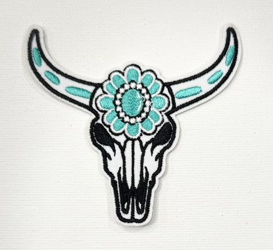 Skull hat patch, teal on horns & head