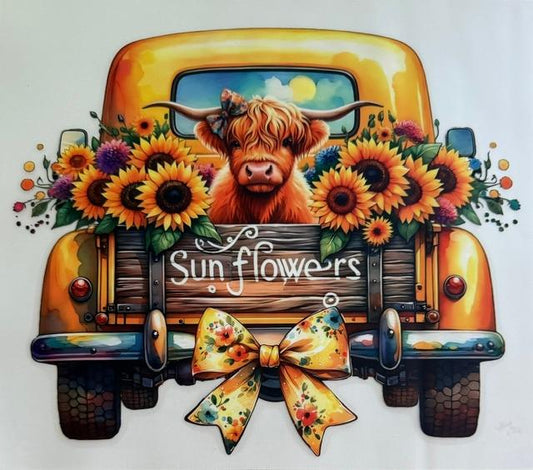 Sun Flowers-Cow in yellow truck