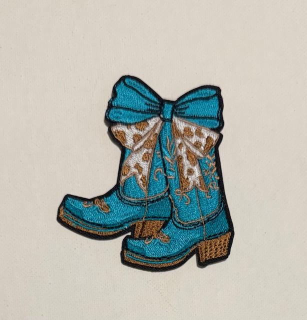 Boots with Teal bow/tan hat patch