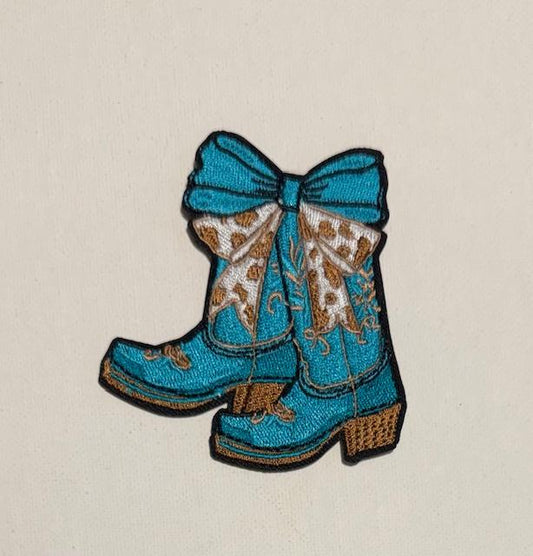 Boots with Teal bow/tan hat patch