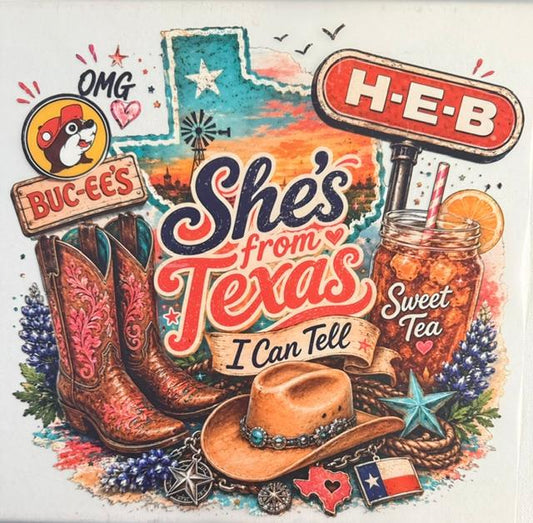 She's from Texas (HEB top right)
