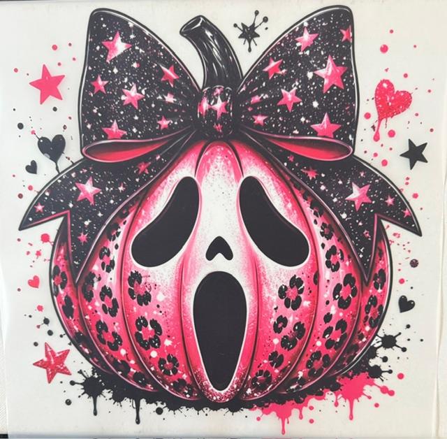 Pink Pumpkin, screem face, black bow