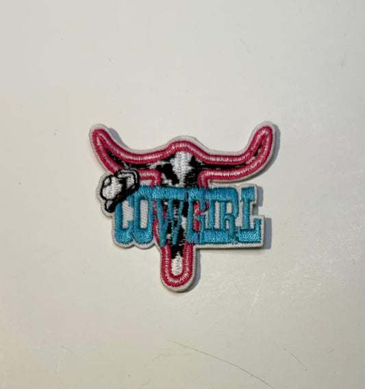 Teal Cowgirl, pink longhorns hat patch