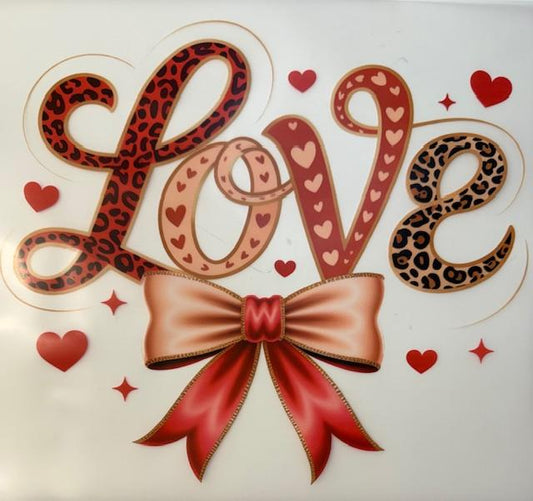 Love, script letters, pink/red bow