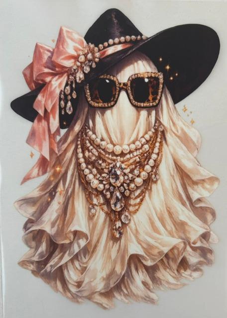 Ghost - big black hat. pink bow, pearls, sunglasses