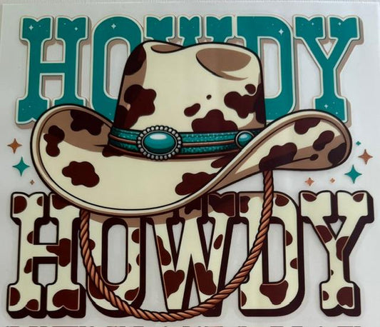 Howdy, teal, cow hide, hat