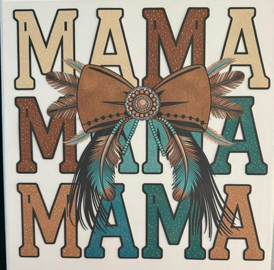 Mama Mama Mama, brown/teal bow, feathers