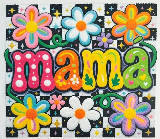 Mama - checkered background, colorful flowers