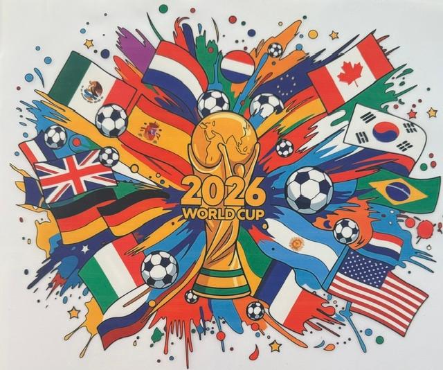 World Cup 2026, trophy in middle, flags
