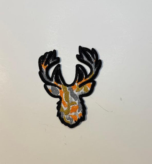 Camo deer, orange, gray, white hat patch